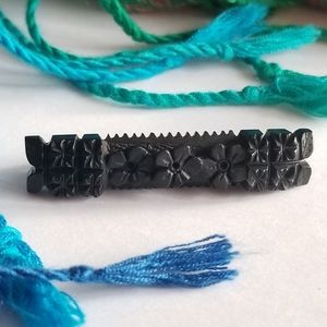 Antique Whitby Jet bar pin black carved flowers floral mourning brooch
